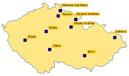 Obrázková mapa poboček. Pro zobrazení jednotlivých kontaktů lze využít i tabulku dále na stránce.